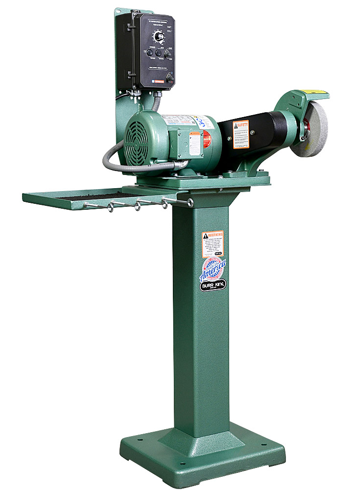 61110 model 600 polishing lathe / buffer / deburring machine with deburring wheel on 01 pedestal with the 760T-2 tool tray

120 volt variable speed 3/4 HP motor.

